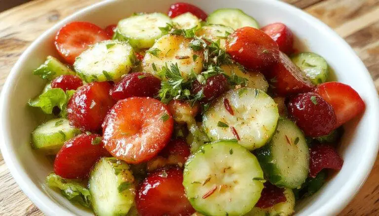 A vibrant bowl of cucumber and strawberry salad featuring thick slices of fresh cucumbers and bright red strawberry halves, garnished with mint leaves. The salad is dressed with a light lime dressing, giving it a glistening appearance, all presented on a rustic white plate against a summery backdrop.