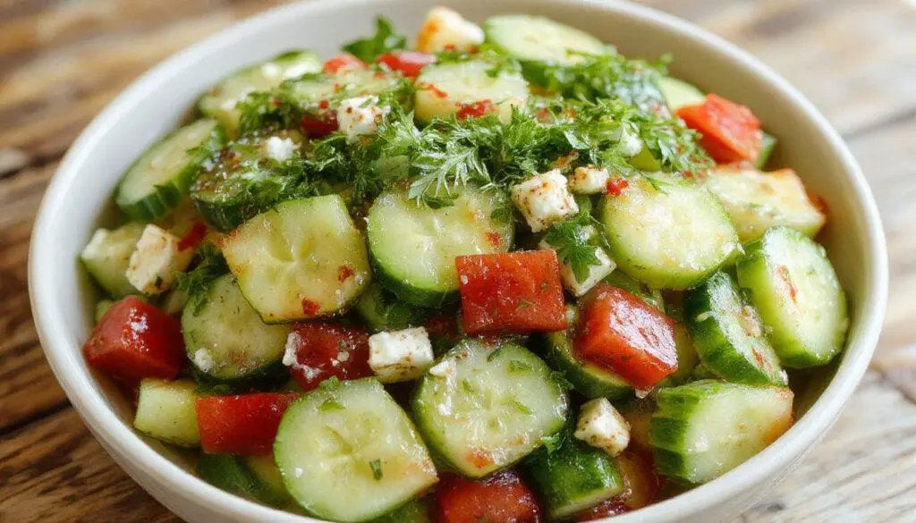 A vibrant bowl of Greek cucumber salad featuring sliced cucumbers, cherry tomatoes, and crumbled feta cheese, garnished with fresh herbs and drizzled with olive oil. The colors pop with the bright green cucumbers, red tomatoes, and white feta, arranged attractively in a rustic ceramic bowl on a light wooden surface.