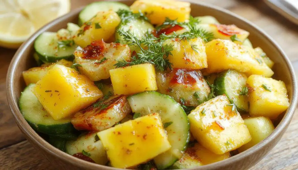 Vibrant mango and cucumber slices tossed together in a clear glass bowl, drizzled with a bright lime dressing, garnished with fresh mint leaves, showcasing a colorful and crisp summer salad.