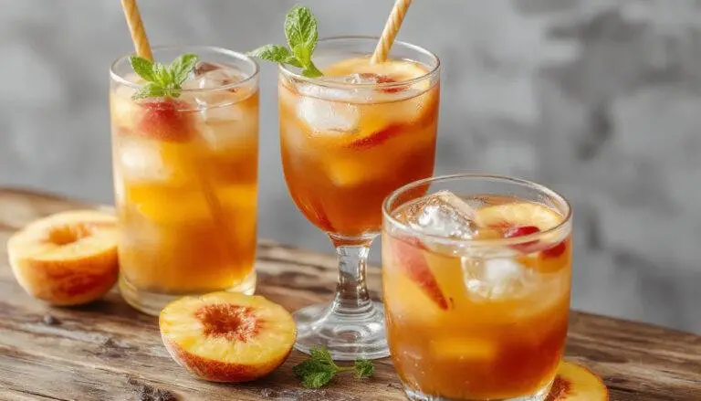 A tall glass of golden peach iced tea garnished with a fresh peach slice and mint sprig, condensation droplets on the glass, served on a rustic wooden table with a hint of sunlight highlighting the drink's vibrant amber color.