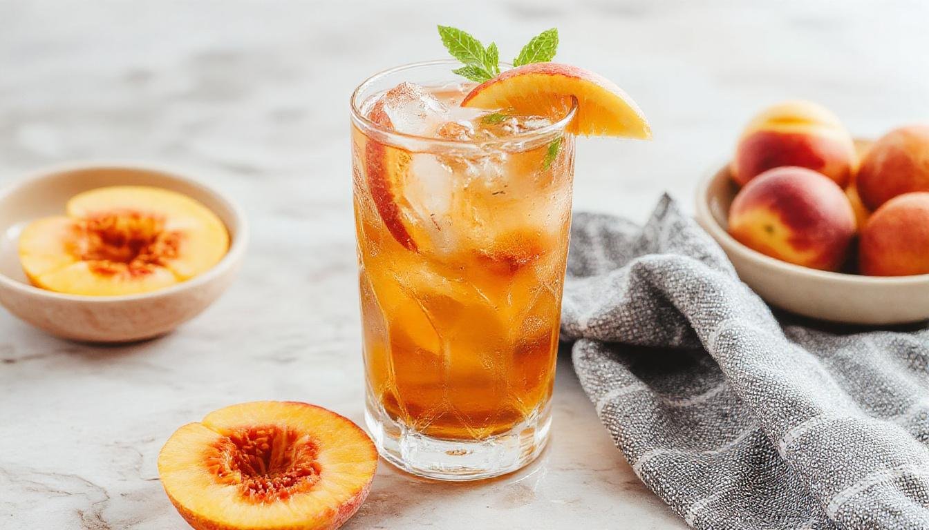 A tall glass of vibrant peach-colored iced tea garnished with fresh peach slices and a sprig of mint, set on a wooden table with condensation droplets visible, bright natural lighting highlighting the drink's inviting appearance.