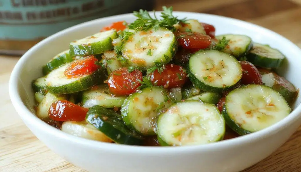 A vibrant summer salad featuring thinly sliced cucumbers, ripe cherry tomatoes, and crisp onions, all glistening with a light marinade. The salad is served in a clear glass bowl, showcasing the fresh, colorful ingredients with a drizzle of herb-infused dressing on top, highlighting its refreshing appeal.