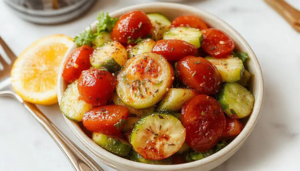 A vibrant bowl of tomato and cucumber salad featuring slices of ripe red tomatoes and crisp green cucumbers, garnished with fresh herbs and drizzled with a light vinaigrette. The colorful ingredients are beautifully arranged with a focus on the fresh, juicy textures and bright hues, inviting a refreshing and healthy appeal.