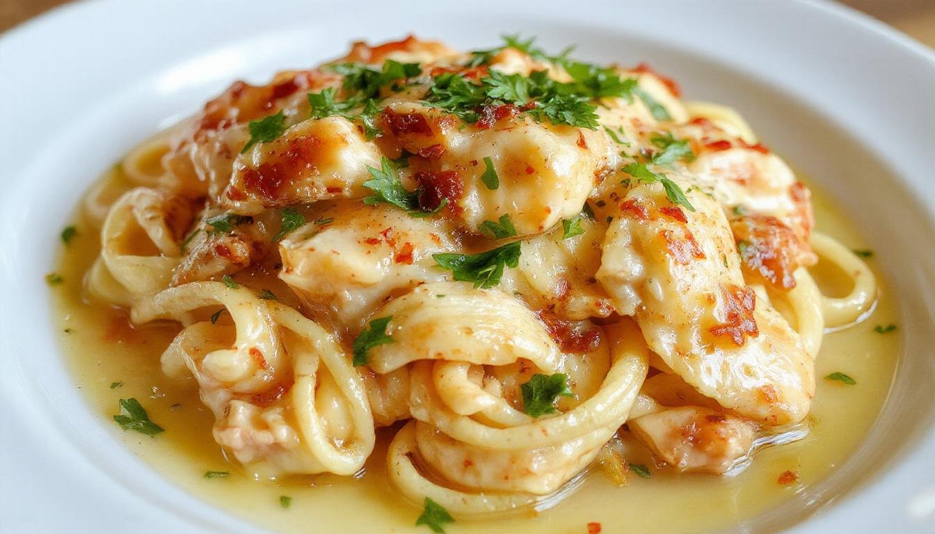 A close-up of a bowl of rich garlic butter chicken pasta featuring rotini noodles coated in a creamy Parmesan sauce, topped with chopped parsley and sliced grilled chicken pieces, all presented on a rustic wooden surface.