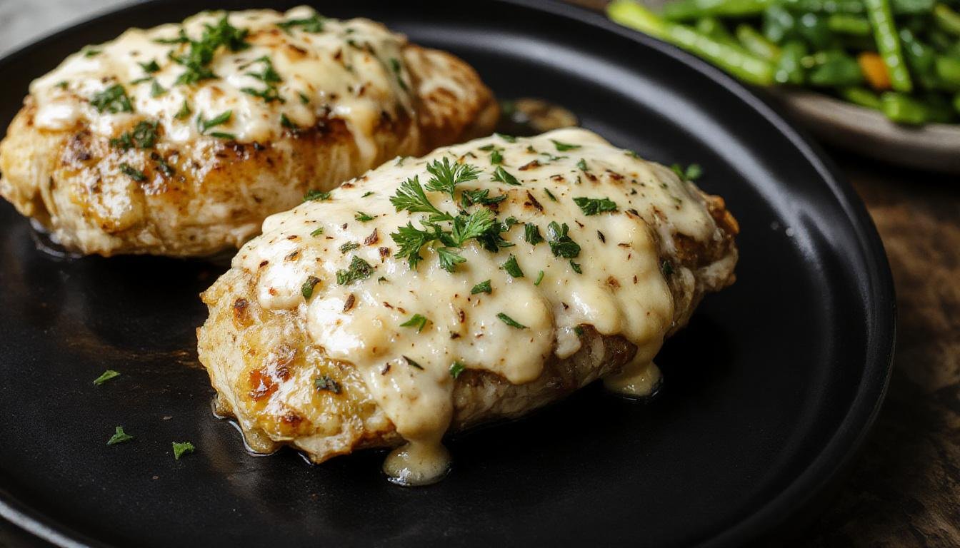 A close-up of a plated creamy garlic parmesan chicken pasta dish, featuring tender chicken pieces coated in a rich, creamy white sauce with specks of grated parmesan and herbs, arranged on a rustic plate. The pasta is twisted and al dente, garnished with fresh parsley, with a warm, inviting presentation.