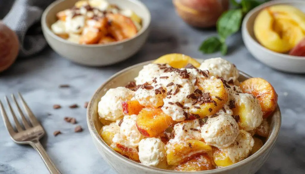 A vibrant peach salad featuring sliced, ripe peaches topped with a creamy, whipped topping, garnished with mint leaves and a drizzle of honey. The colorful plate showcases the smooth textures of the whipped cream contrasting with the juicy peach slices, beautifully arranged to highlight freshness and indulgence.