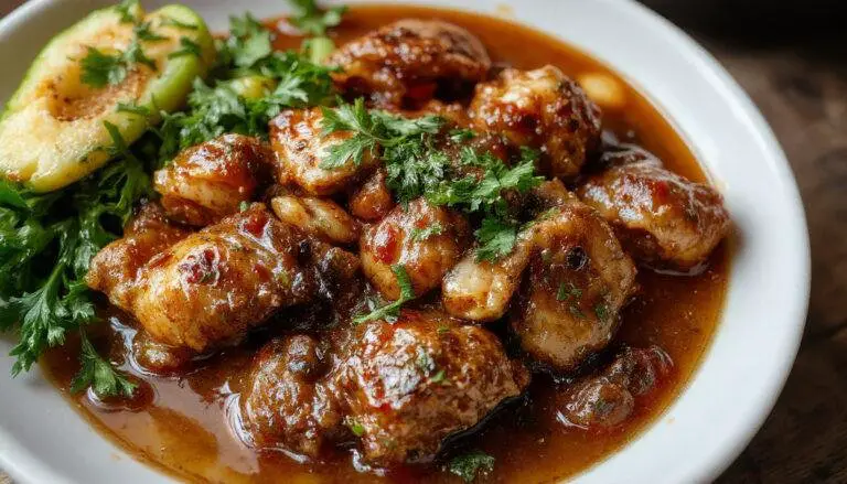 A vibrant plate of Jamaican Brown Stew Chicken featuring tender chicken pieces coated in a rich, dark brown sauce garnished with fresh herbs. The stew sits on a rustic wooden table alongside colorful sides like rice and vegetables, capturing a hearty and appetizing presentation.