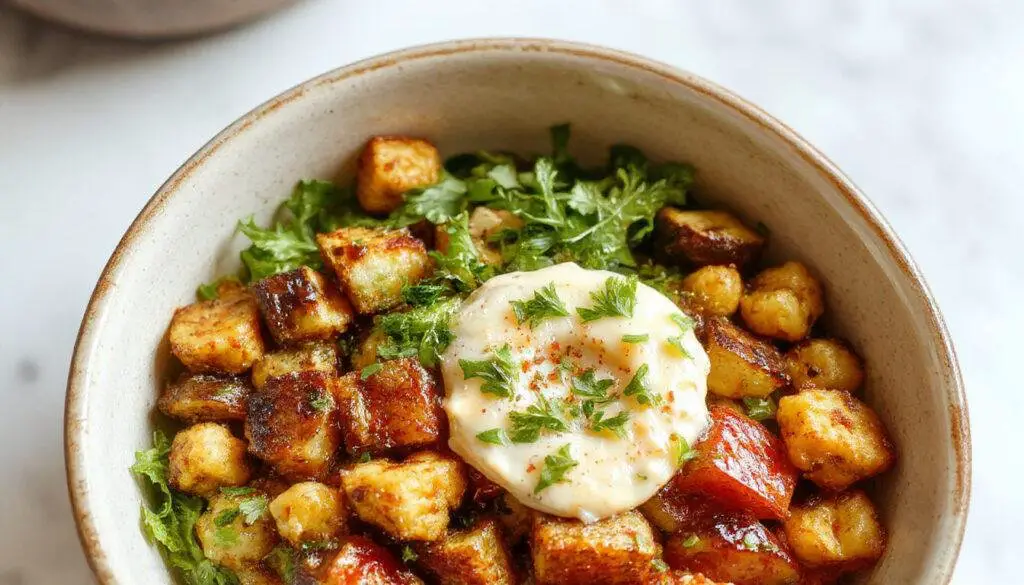 A vibrant bowl filled with roasted vegetables such as red bell peppers, zucchini, and carrots, topped with crispy chickpeas and drizzled with creamy tahini dressing. The dish is presented on a rustic wooden table, highlighting the colorful ingredients and textured toppings, creating an inviting and wholesome appearance.