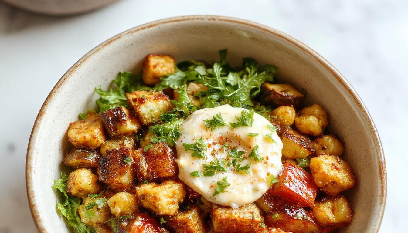 A vibrant bowl filled with roasted vegetables such as red bell peppers, zucchini, and carrots, topped with crispy chickpeas and drizzled with creamy tahini dressing. The dish is presented on a rustic wooden table, highlighting the colorful ingredients and textured toppings, creating an inviting and wholesome appearance.