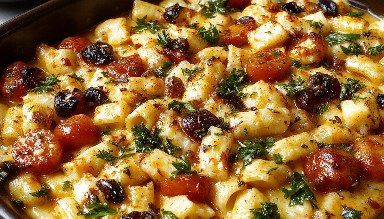 A close-up of a baked pasta dish in a rustic ceramic bowl, showcasing golden-brown roasted vegetables mixed with tender pasta, topped with melted cheese and fresh herbs, with some crispy edges visible around the edges of the dish.