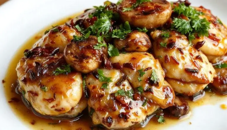 A close-up of a white plate featuring succulent pieces of Black Pepper Chicken garnished with fresh sliced mushrooms and chopped green onions. The chicken has a glossy, dark sauce coating, speckled with cracked black pepper, and is contrasted by tender mushroom slices and vibrant green herbs, all arranged neatly for an inviting presentation.