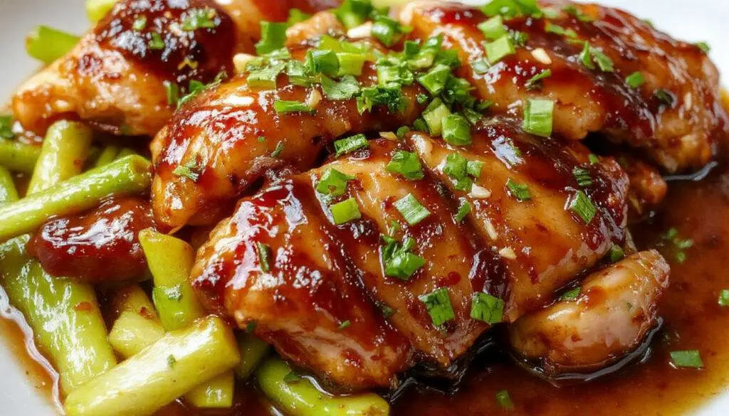 A glossy, deep reddish-brown sliced char siu chicken arranged on a white platter, garnished with sesame seeds and chopped green onions, with a caramelized glaze highlighting the tender texture.