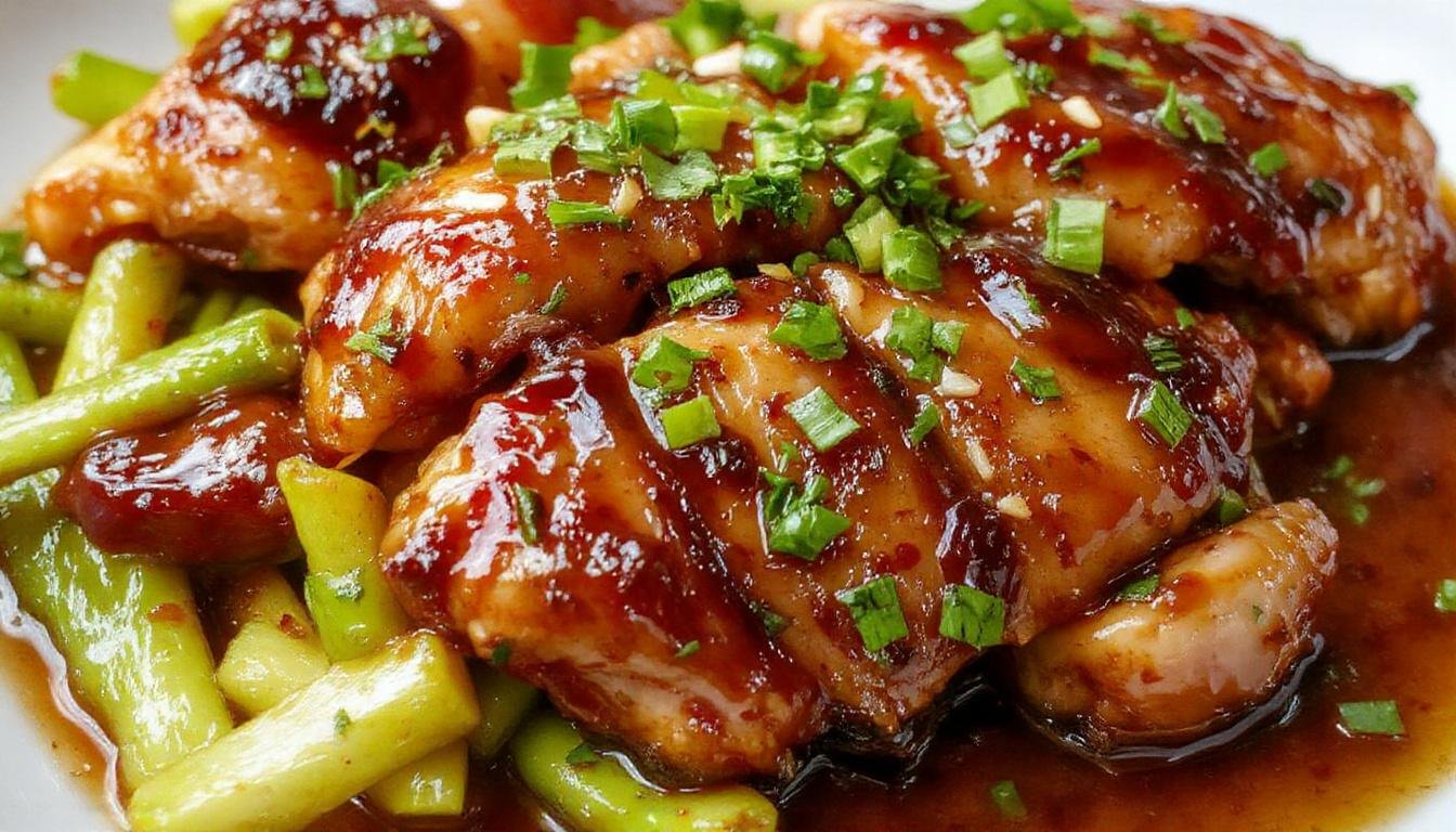 A glossy, deep reddish-brown sliced char siu chicken arranged on a white platter, garnished with sesame seeds and chopped green onions, with a caramelized glaze highlighting the tender texture.