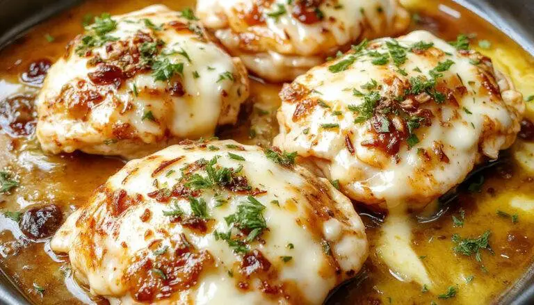 A golden-brown baked chicken breast topped with melted mozzarella and caramelized onions, garnished with fresh herbs on a rustic white plate