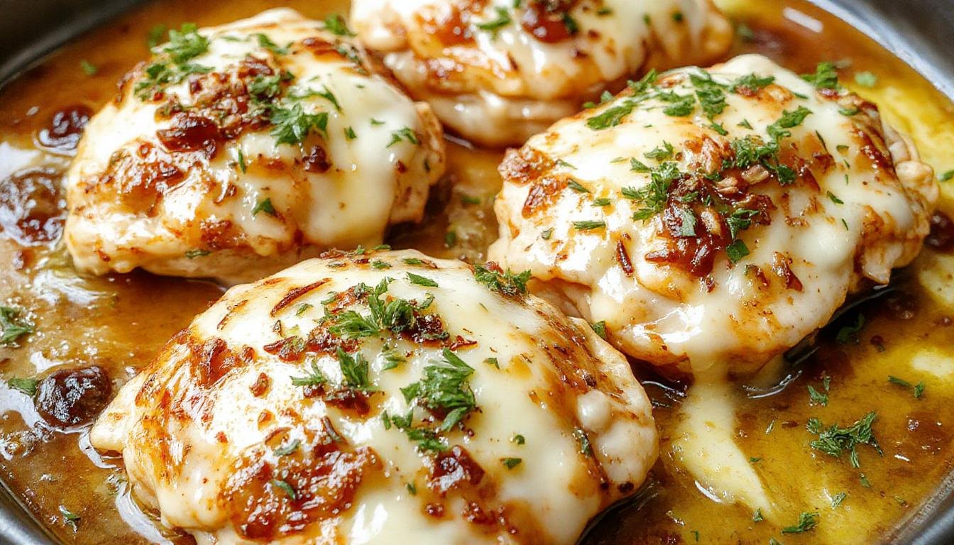 A golden-brown baked chicken breast topped with melted mozzarella and caramelized onions, garnished with fresh herbs on a rustic white plate