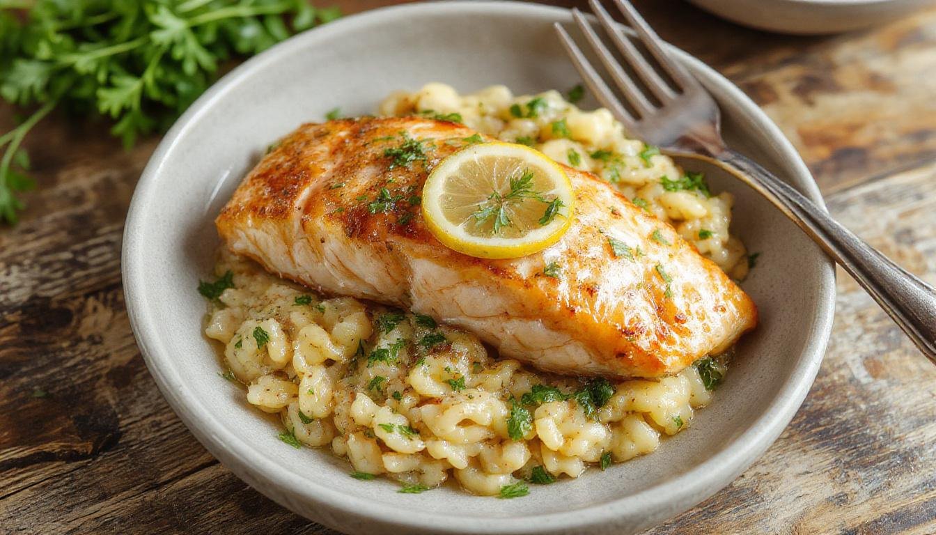 A plated serving of seared salmon on a white ceramic plate, topped with a wedge of lemon. Accompanying the salmon is lemon-colored orzo pasta garnished with fresh herbs, with a drizzle of olive oil around the dish. The salmon has a crispy, golden-brown crust, and the orzo appears fluffy and aromatic, with sprigs of parsley for color contrast.