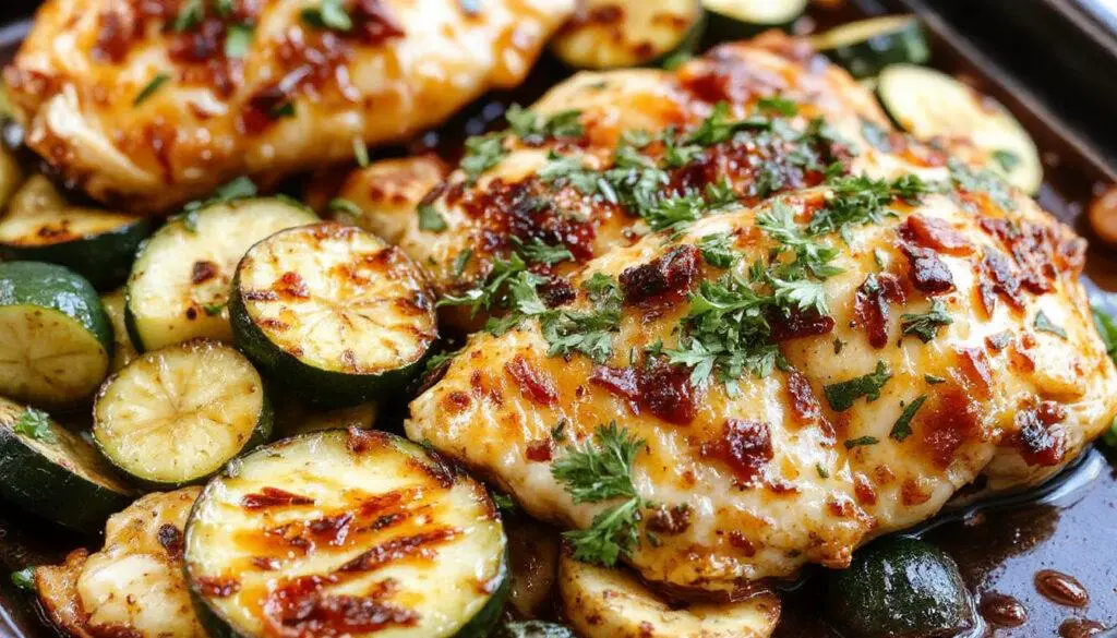 A colorful sheet pan featuring golden-brown Mediterranean chicken thighs surrounded by vibrant green zucchini slices, cherry tomatoes, and aromatic herbs, all roasted to perfection with a slightly crispy exterior and tender interior.