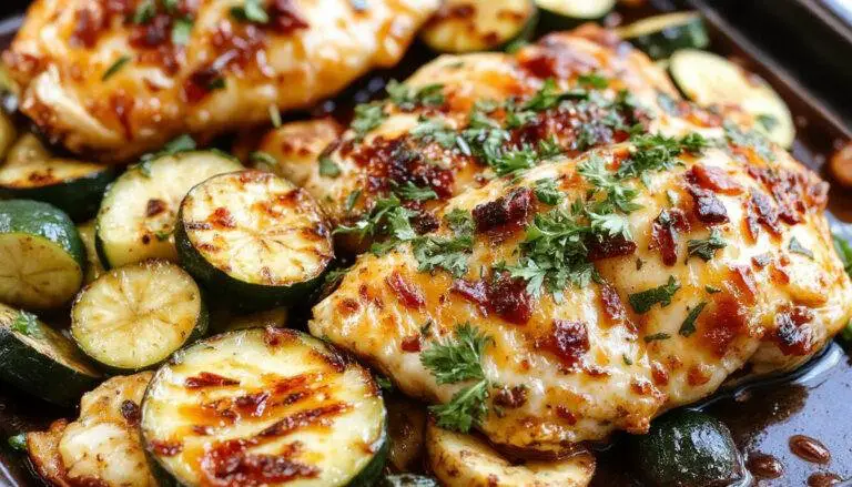 A colorful sheet pan featuring golden-brown Mediterranean chicken thighs surrounded by vibrant green zucchini slices, cherry tomatoes, and aromatic herbs, all roasted to perfection with a slightly crispy exterior and tender interior.