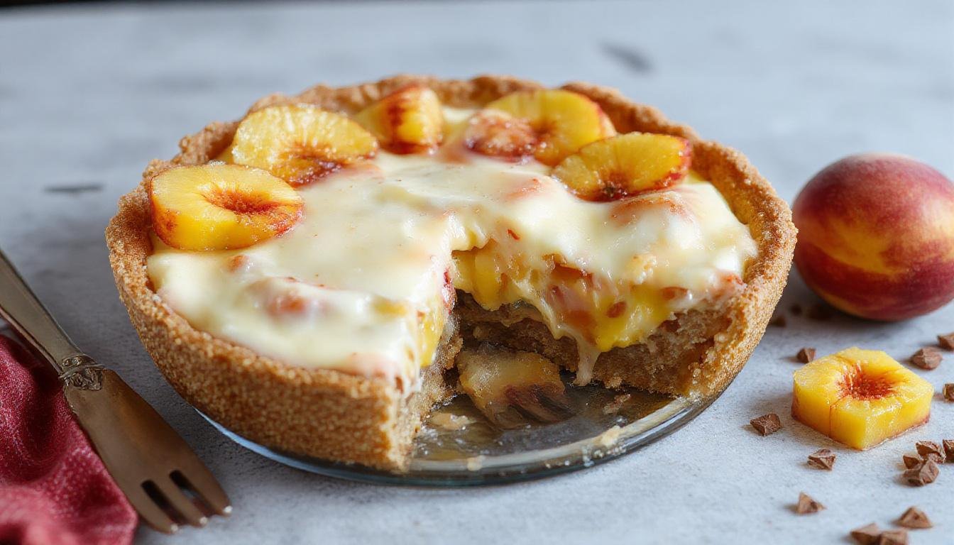 A beautifully presented peaches and cream pie featuring a golden, flaky crust topped with slices of ripe, glossy peaches and a dollop of whipped cream. The filling appears silky and creamy with a slight sheen, with the peaches arranged artfully on top. The pie is garnished with a sprig of fresh mint and a light dusting of powdered sugar, set on an elegant serving plate with a rustic background.