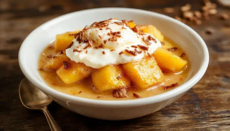 A vibrant glass trifle layered with creamy white pudding, juicy peach slices, and a sprinkle of crushed graham crackers on top, garnished with fresh mint. The dessert showcases alternating layers of peach and cream, with a smooth texture contrasted by crunchy topping, all presented in a clear glass dish highlighting its colorful, inviting layers.