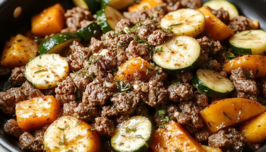 A vibrant skillet meal featuring golden-brown ground beef topped with slices of green zucchini and orange sweet potato chunks, all cooked to perfection and arranged in a rustic cast iron skillet with a sprinkle of fresh herbs, steam rising gently from the dish.