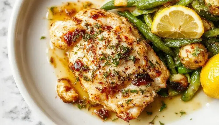 A close-up of a golden-brown roasted chicken breast topped with fresh green herbs and a drizzle of vibrant lemon sauce, garnished with lemon wedges and sprinkled with za'atar spice. The dish is presented on a rustic wooden plate with a side of colorful salad and fresh herbs, highlighting its appetizing appearance and textured surface.