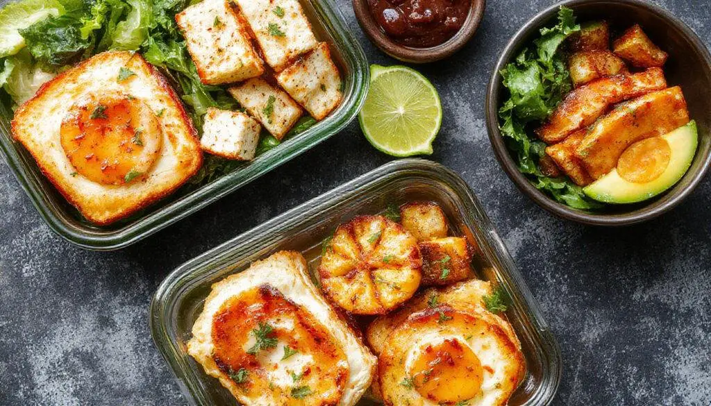 A neatly arranged assortment of healthy adult lunchables featuring colorful fresh vegetables, sliced lean meats, cheese, and whole-grain crackers, all presented on a clean, divided meal prep container with vibrant elements arranged for visual appeal.