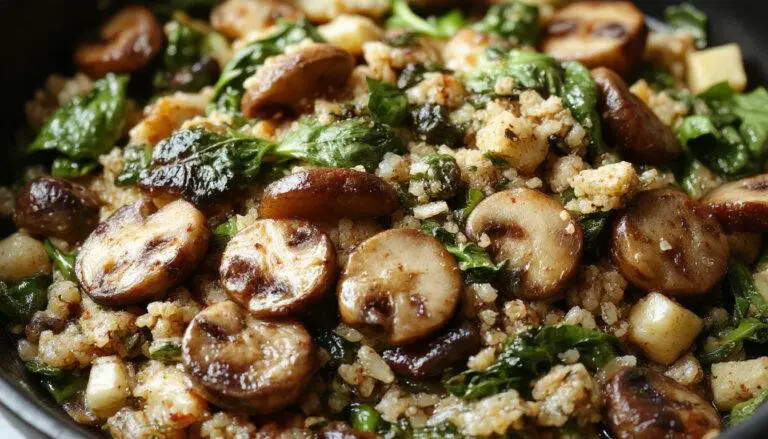 A vibrant skillet filled with fluffy quinoa, fresh wilted spinach, and sautéed sliced mushrooms. The dish is plated directly in a rustic cast-iron skillet, showcasing a colorful and textured mixture of greens, browns, and whites, with steam rising gently from the hot food.