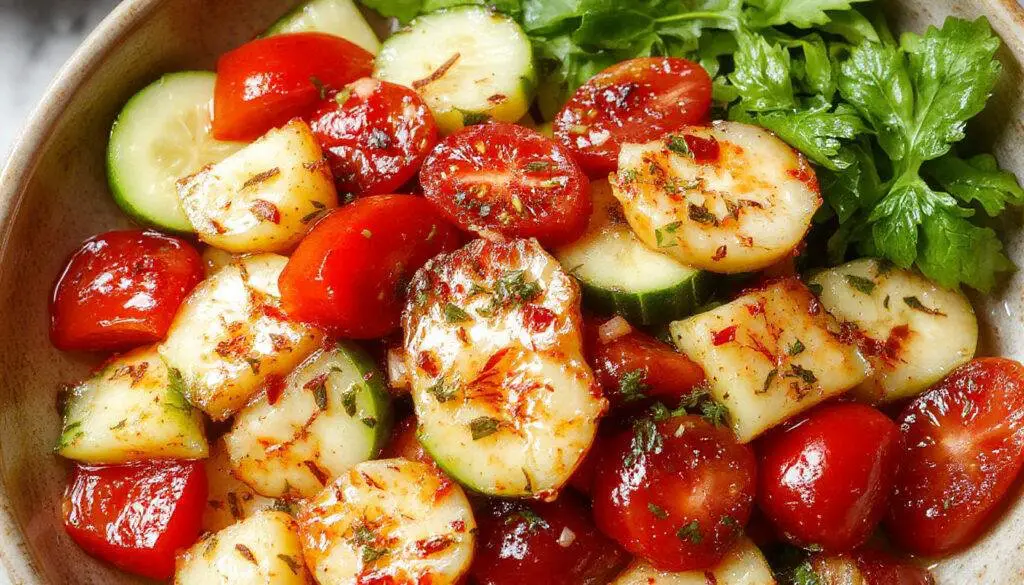 A vibrant bowl of tomato and cucumber salad featuring cherry tomatoes and crisp cucumber slices, garnished with fresh herbs and drizzled with olive oil, presented on a rustic wooden table.