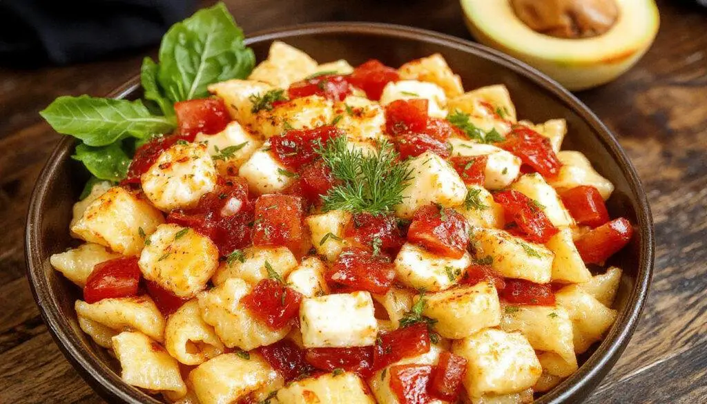 A vibrant plate of bruschetta pasta salad featuring colorful cherry tomatoes, fresh basil leaves, and chunks of mozzarella cheese tossed with pasta, garnished with a drizzle of balsamic glaze. The dish is plated on a rustic wooden surface with additional basil and tomatoes in the background, highlighting its fresh and summery appeal.