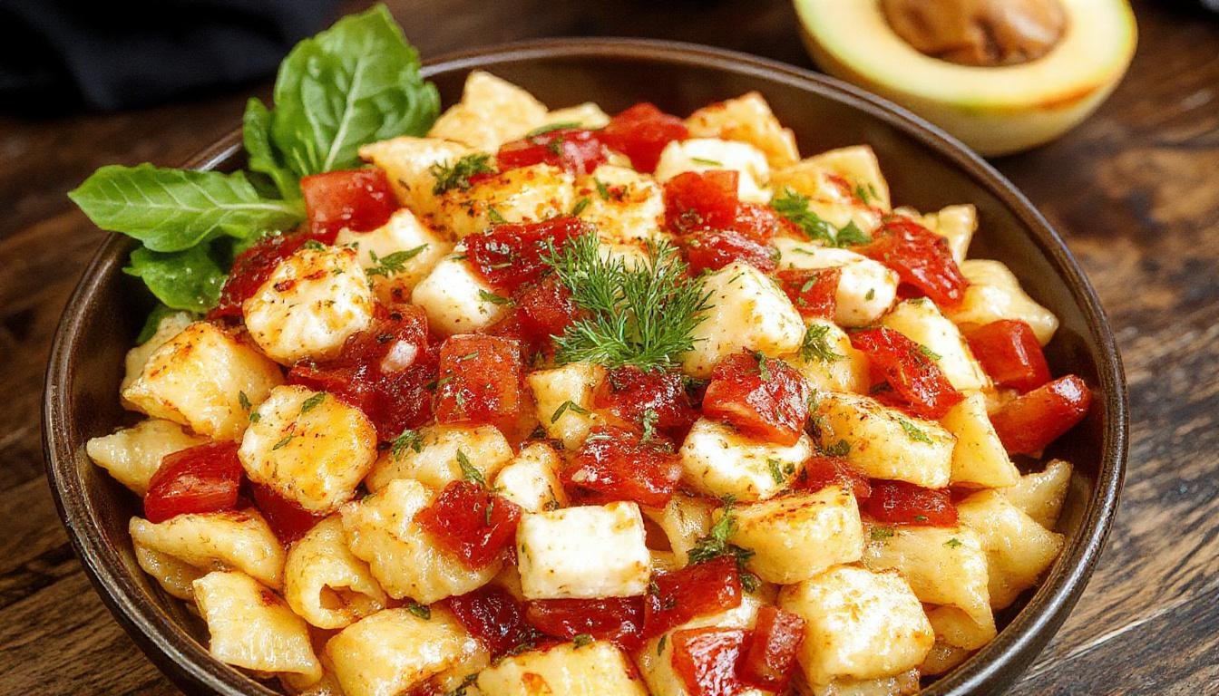 A vibrant plate of bruschetta pasta salad featuring colorful cherry tomatoes, fresh basil leaves, and chunks of mozzarella cheese tossed with pasta, garnished with a drizzle of balsamic glaze. The dish is plated on a rustic wooden surface with additional basil and tomatoes in the background, highlighting its fresh and summery appeal.