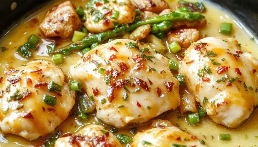 A sizzling skillet filled with tender, golden-brown pieces of butter chicken coated in rich, creamy sauce, garnished with fresh herbs and served alongside colorful vegetables on a rustic wooden table.