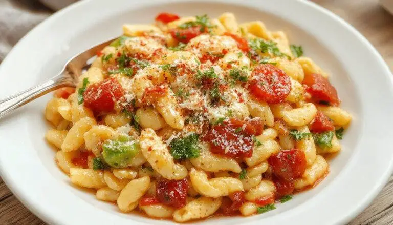 A close-up of a bowl of vibrant orange orzo pasta mixed with finely chopped green zucchini and red bell peppers, garnished with fresh basil leaves. The pasta is creamy and coated with a smooth sauce, served in a rustic white bowl on a wooden table, with a sprinkle of grated cheese on top.