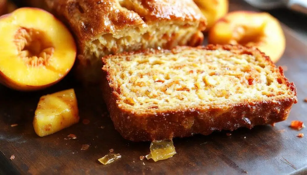 A rustic ceramic plate holding four slices of golden Southern Peach Bread, each topped with a glistening peach glaze and fresh peach slices. The bread's moist, fluffy crumb showcases visible chunks of ripe peaches, with a slight browned crust at the edges. The background features a soft, light-colored tablecloth, and a few fresh peaches and mint leaves are arranged nearby for a vibrant contrast.