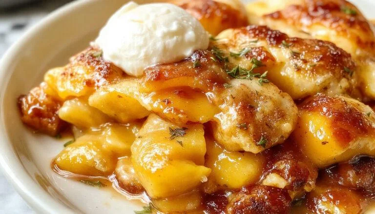 A golden-brown peach cobbler with a bubbling, juicy peach filling topped with a crispy, flaky crust, served in a rustic white dish with a dusting of powdered sugar, garnished with fresh mint leaves.