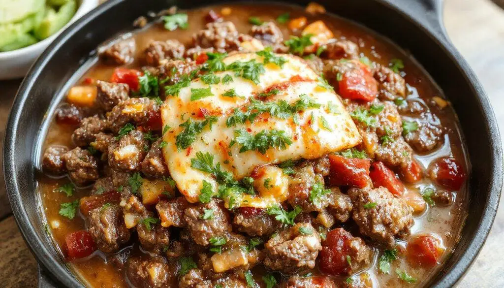 A vibrant Southwest Skillet featuring seasoned ground beef, colorful bell peppers, corn, and black beans. The skillet is topped with melted cheese and garnished with fresh cilantro, showcasing a hearty and flavorful meal with a rustic presentation.
