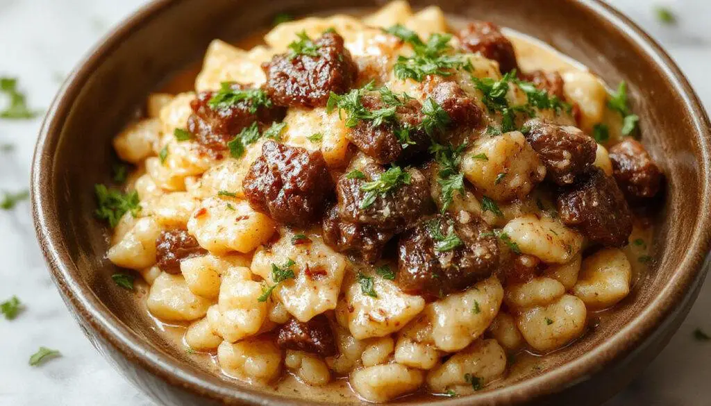 A close-up of a vibrant bowl of creamy ground beef orzo; the orzo pasta is coated in a rich, creamy sauce with tender ground beef pieces, garnished with fresh herbs, and served on a rustic wooden table with a sprig of parsley for color contrast.