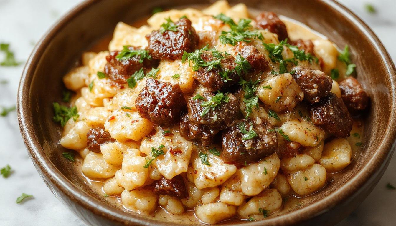 A close-up of a vibrant bowl of creamy ground beef orzo; the orzo pasta is coated in a rich, creamy sauce with tender ground beef pieces, garnished with fresh herbs, and served on a rustic wooden table with a sprig of parsley for color contrast.