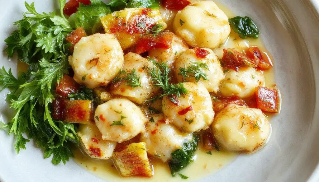 A vibrant plate of golden gnocchi mixed with colorful fresh vegetables such as cherry tomatoes, spinach, and bell peppers, all coated in a glossy, light white wine lemon sauce. The dish is garnished with fresh herbs and served on a white ceramic plate, with a lemon wedge on the side and a drizzle of sauce on the surface, showcasing a bright and appetizing presentation.