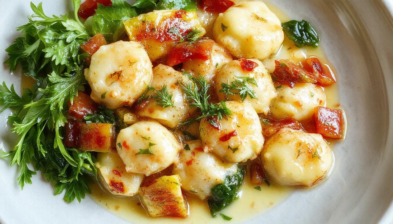A vibrant plate of golden gnocchi mixed with colorful fresh vegetables such as cherry tomatoes, spinach, and bell peppers, all coated in a glossy, light white wine lemon sauce. The dish is garnished with fresh herbs and served on a white ceramic plate, with a lemon wedge on the side and a drizzle of sauce on the surface, showcasing a bright and appetizing presentation.