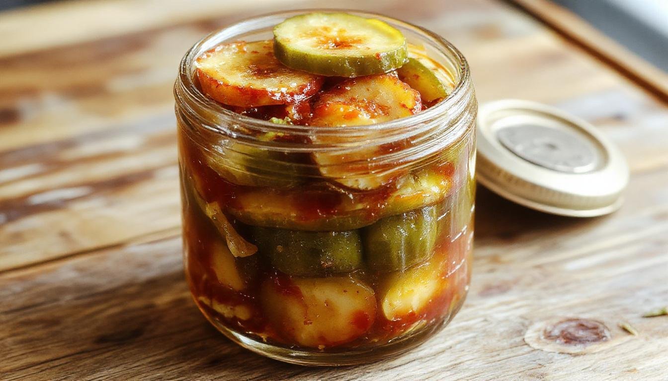 A glass jar filled with vibrant, green sliced cucumbers immersed in brine, topped with bright red habanero slices and caramelized garlic cloves. The jar is placed on a rustic wooden surface, with a few slices of habanero and garlic nearby, highlighting the bold colors and textures. The pickles appear crisp and freshly made, with a glossy sheen that emphasizes their tangy and spicy appeal.