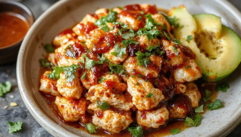 A vibrant plate of shredded spicy Mexican chicken garnished with fresh cilantro and sliced lime wedges. The chicken has a rich reddish-brown hue with visible spices and a moist, tender texture. The presentation is on a rustic ceramic plate, with a side of colorful salsa and warm corn tortillas in the background.