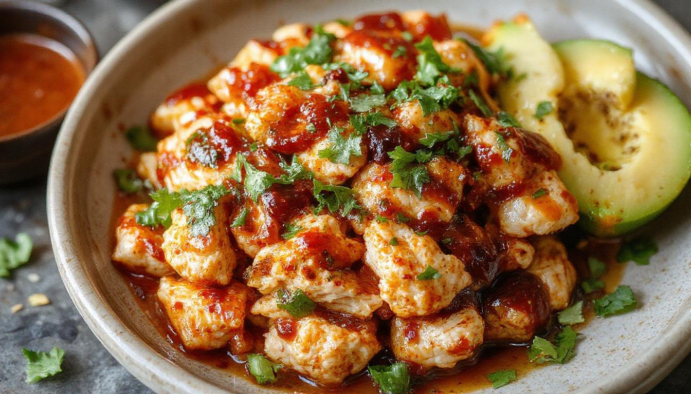 A vibrant plate of shredded spicy Mexican chicken garnished with fresh cilantro and sliced lime wedges. The chicken has a rich reddish-brown hue with visible spices and a moist, tender texture. The presentation is on a rustic ceramic plate, with a side of colorful salsa and warm corn tortillas in the background.