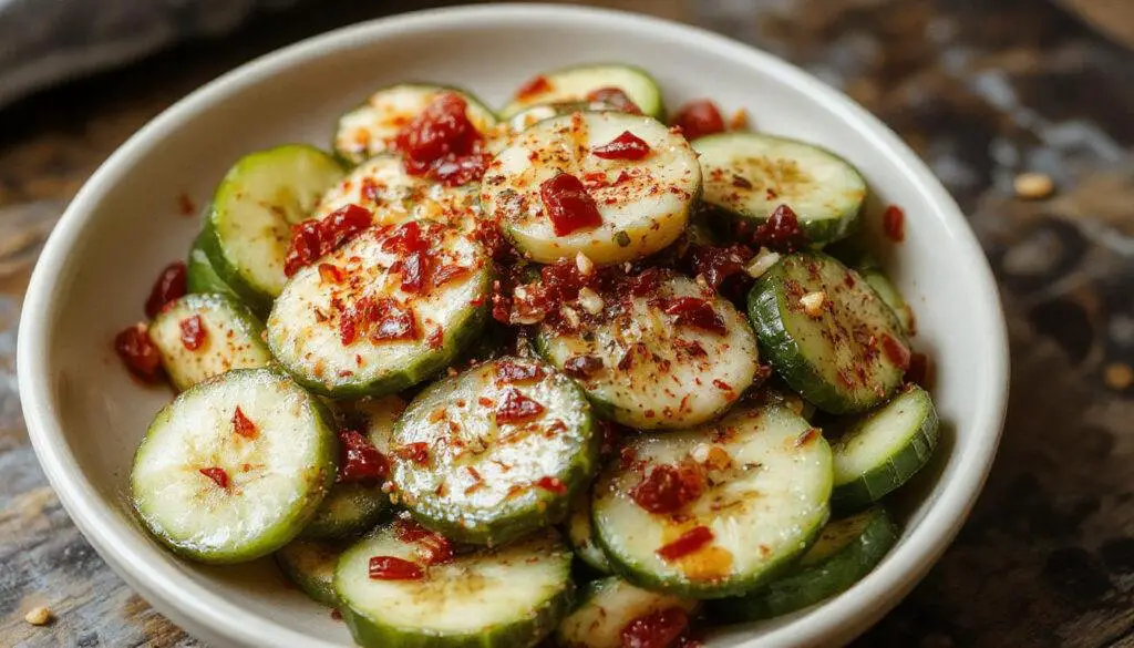 A vibrant bowl of spicy peanut butter cucumber salad featuring thinly sliced fresh cucumbers coated in a creamy, nutty, and spicy sauce. The dish is garnished with chopped peanuts and fresh herbs, presented on a rustic wooden table with a scattering of sesame seeds, highlighting its colorful and textured appearance.