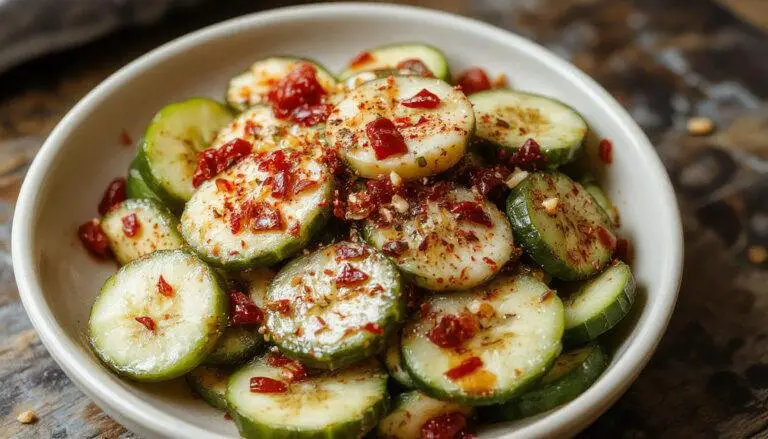 A vibrant bowl of spicy peanut butter cucumber salad featuring thinly sliced fresh cucumbers coated in a creamy, nutty, and spicy sauce. The dish is garnished with chopped peanuts and fresh herbs, presented on a rustic wooden table with a scattering of sesame seeds, highlighting its colorful and textured appearance.