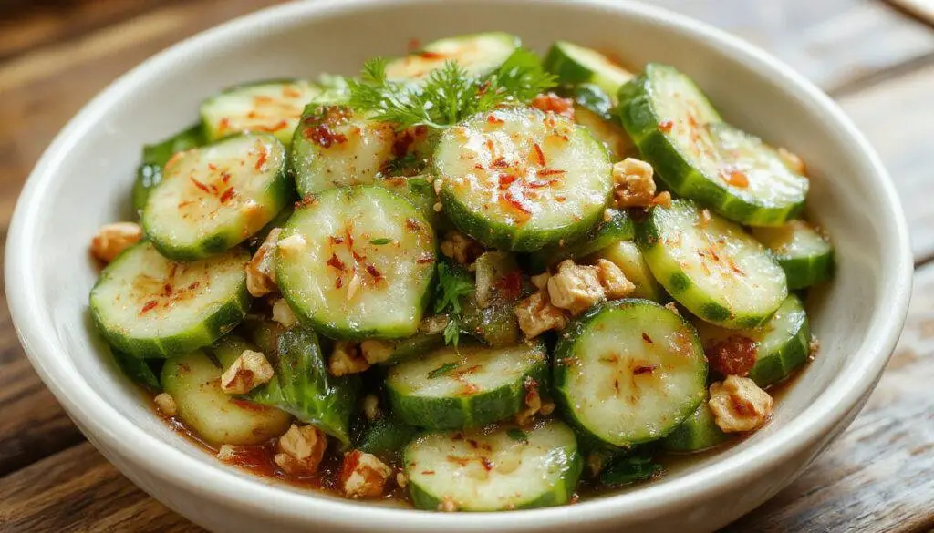 A vibrant bowl of spicy peanut cucumber salad featuring crisp green cucumber slices coated in a rich, reddish-brown peanut dressing. Garnished with chopped peanuts and fresh cilantro, the dish showcases a colorful mixture of textures and flavors in a white ceramic bowl on a rustic wooden surface.