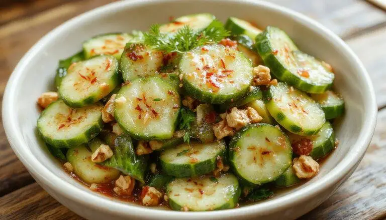 A vibrant bowl of spicy peanut cucumber salad featuring crisp green cucumber slices coated in a rich, reddish-brown peanut dressing. Garnished with chopped peanuts and fresh cilantro, the dish showcases a colorful mixture of textures and flavors in a white ceramic bowl on a rustic wooden surface.