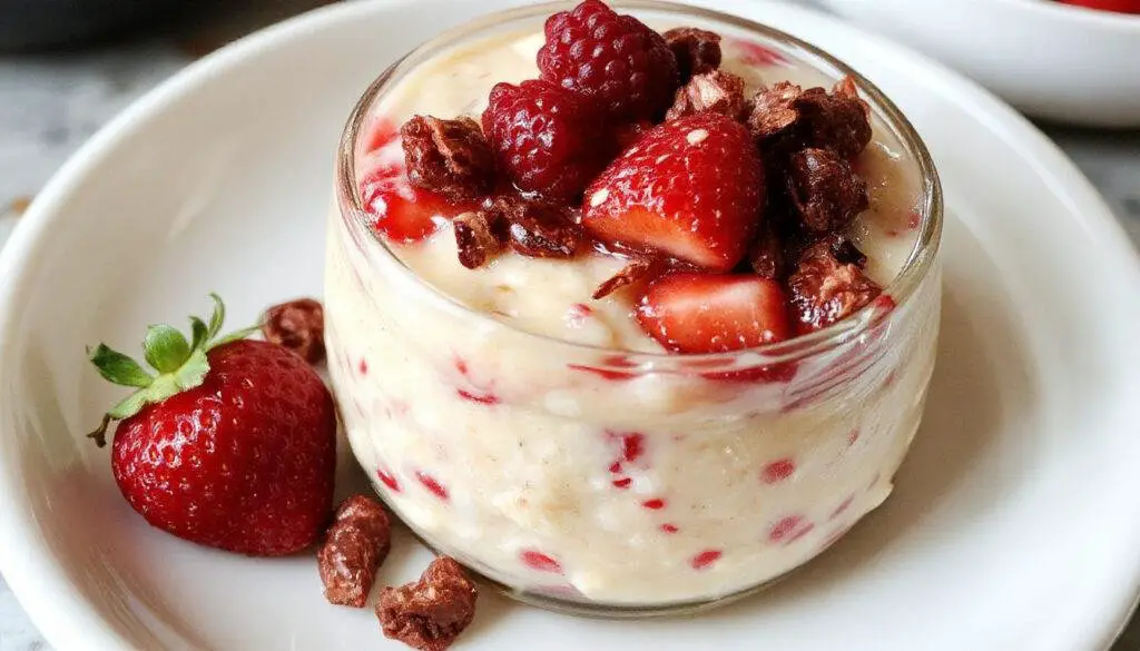 A glass jar filled with layered strawberry cheesecake overnight oats topped with fresh sliced strawberries, graham cracker crumbs, and a sprig of mint. The oats are creamy with pink streaks from the strawberries, and the topping adds texture and color.