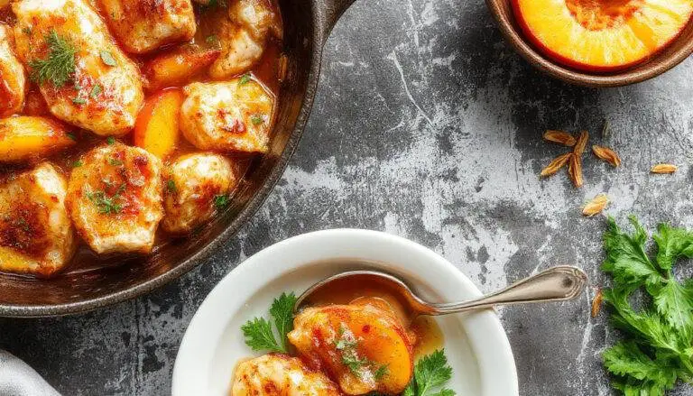 A vibrant skillet meal featuring golden-brown chicken breasts topped with juicy peach slices, garnished with fresh herbs, and served with colorful vegetables around the crispy edges.