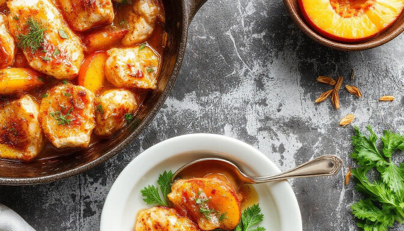 A vibrant skillet meal featuring golden-brown chicken breasts topped with juicy peach slices, garnished with fresh herbs, and served with colorful vegetables around the crispy edges.